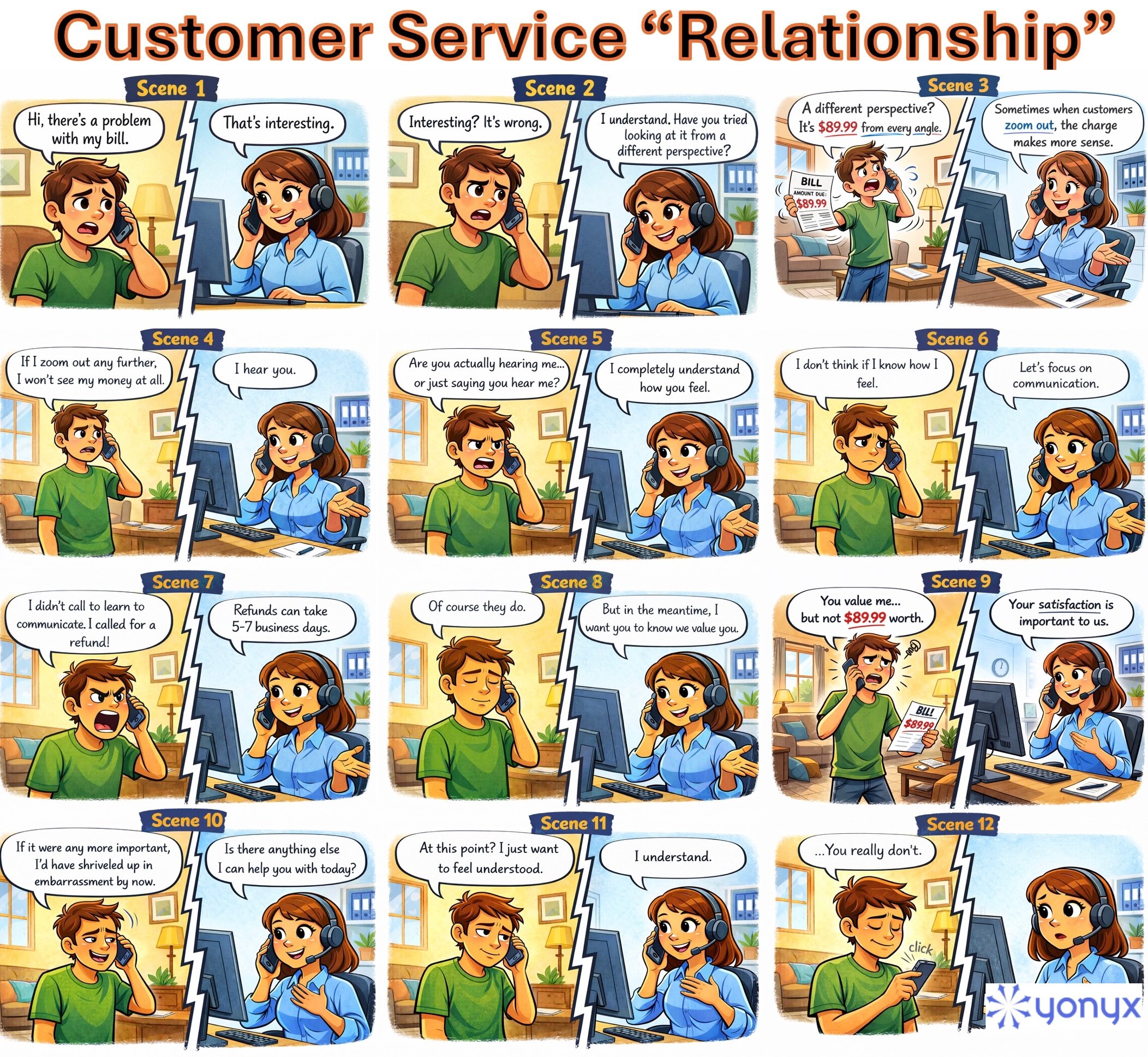 12-scene comic illustrating a scripted customer service relationship where polite responses fail to resolve a billing issue