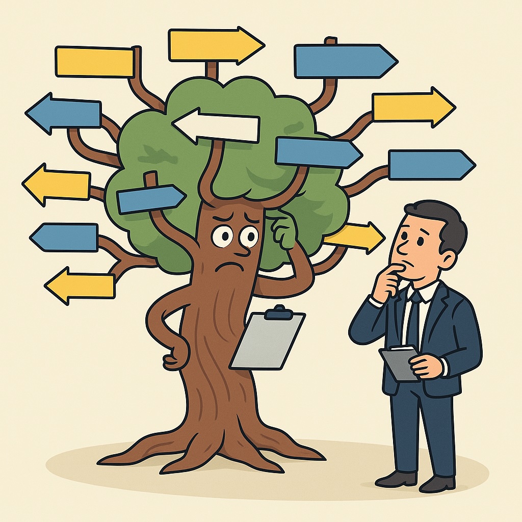 Cartoon illustration of a confused decision tree with branching arrows, standing beside a puzzled support agent holding a clipboard.