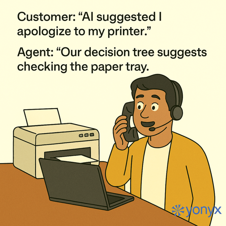 Printer AI Decision Tree Humor in Customer Service - Yonyx