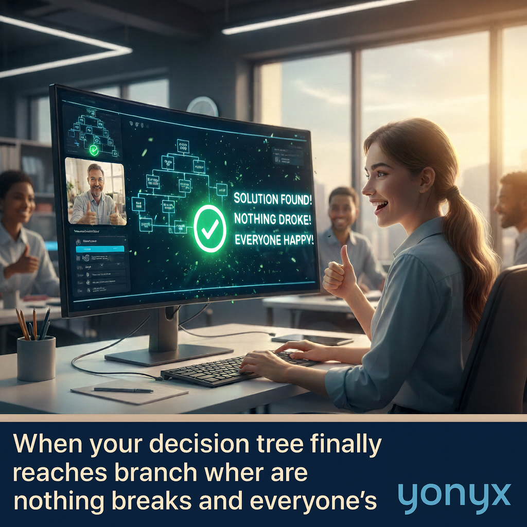 Office scene showing a team smiling as a decision tree on a large screen displays a green checkmark and the message “Solution Found,” representing a successful workflow outcome.