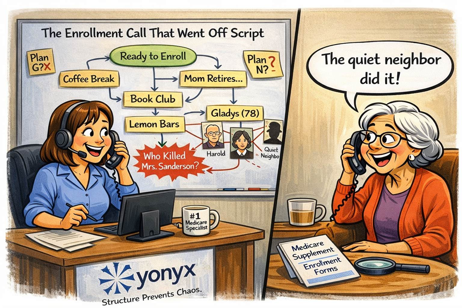 Cartoon illustration of a Medicare customer service agent and a 65-year-old woman on a phone call that drifts from enrollment discussion to a murder mystery book club conversation.