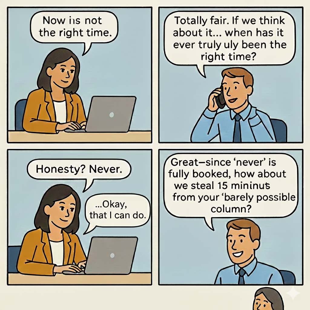 Four-panel cartoon showing a sales conversation where a customer says “now is not the right time,” a BDR reframes the objection, and the customer agrees to a 15-minute meeting.