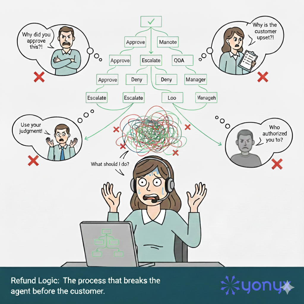 Cartoon of a stressed call center agent imagining multiple stakeholder reactions while navigating refund logic, showing that every decision leads to criticism.