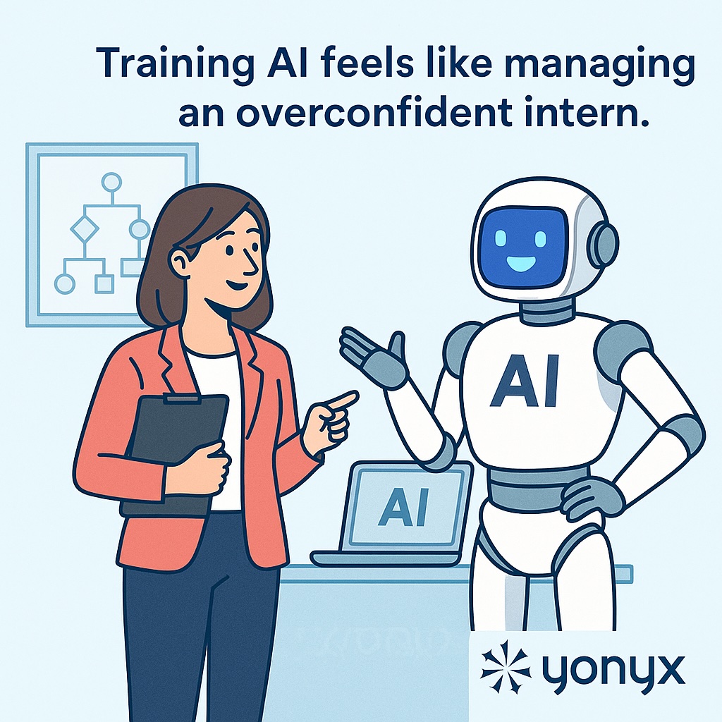 Cartoon illustration of an AI assistant acting like an overconfident intern while a support agent supervises.